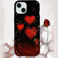 Modern Black with Red Hearts iPhone 15 Case
