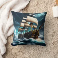 Majestic Pirate Ship Sailing Through Stormy Seas Throw Pillow