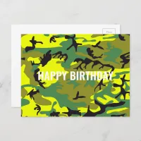 Happy Birthday Camouflage Yellow Green Abstract Postcard