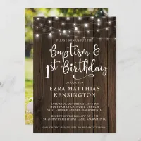 Baptism 1st Birthday Wood String Lights Photo Invitation