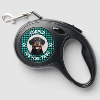 Modern Minimalist Aqua Tartan Plaid Photo Name Retractable Pet Leash