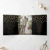 Black Gold Glitter Confetti Photo Wedding Tri-Fold Program