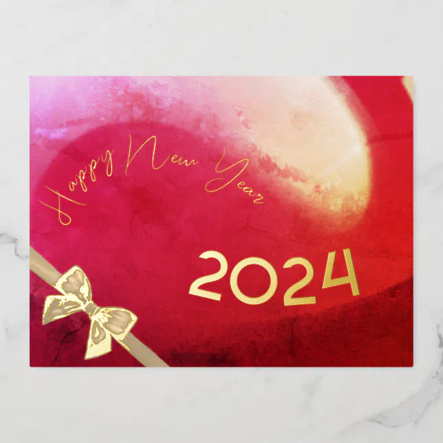 Happy New year 2024, red and gold wave Foil Holiday Postcard