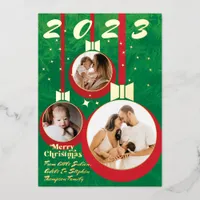 Festive Red Green First Christmas 3 Photo Collage Foil Holiday Card