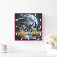 Giraffes roam a magical African night Square Wall Clock