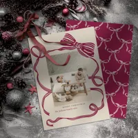 Wine Red Bow Custom Photo Flat Christmas Card 2024