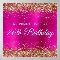 Gold Glitter Hot Pink Square 70th Birthday Welcome Poster