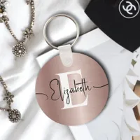 Girly Rose Gold Brushed Metal Script Name Monogram Keychain