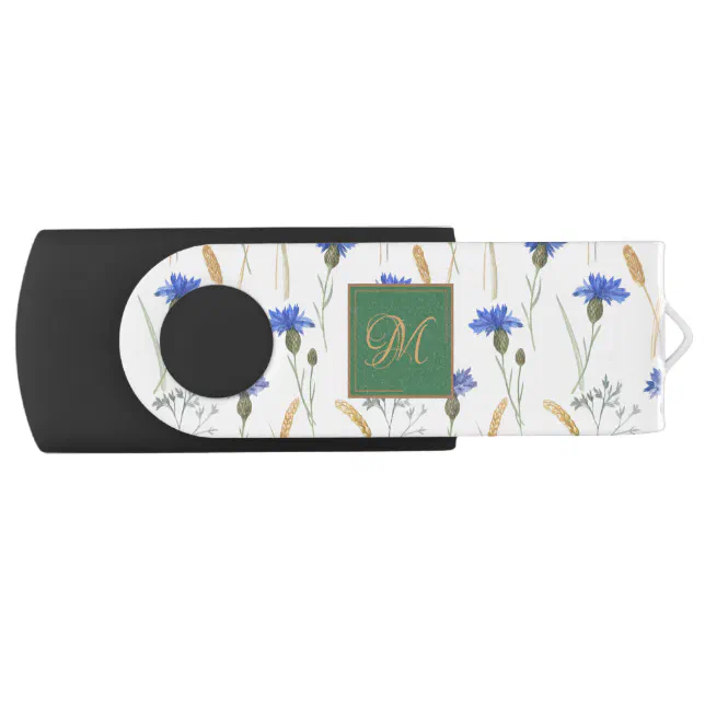 Floral Wildflower Green Monogram Flash Drive