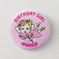 Personalized Pretty Pink Fairy Birthday Girl Button