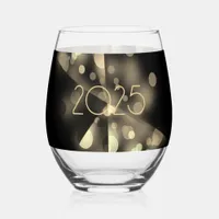 2025 new year with golden bubbles stemless wine glass