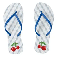 Red Cherries on Blue Stripes Graphic Pattern Flip Flops