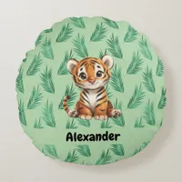 Cute Cartoon Tiger on Tropical Leaves Round Pillow