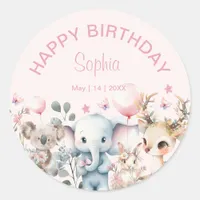 Cute Watercolor Wild Animals Pink Girl Birthday Classic Round Sticker