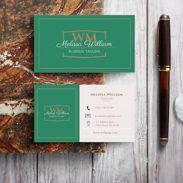 Simple Green White Monogram Business Card