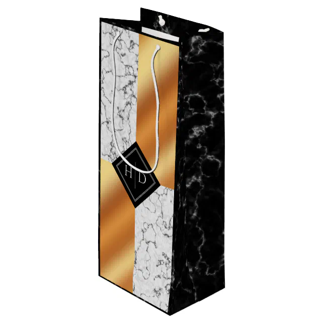 Elegant Marble & Copper Foil Monogram Wedding Wine Gift Bag