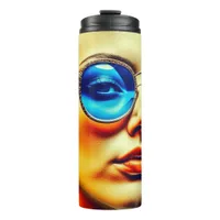 Pretty Lady with Blue Sunglasses with Reflection Thermal Tumbler