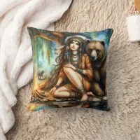 Native American Woman With Bear By Campfire Throw Pillow