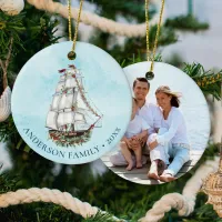 Nautical Christmas Watercolor Sailing Ship Ceramic Ornament