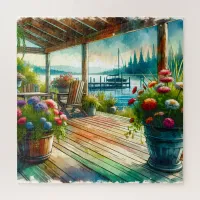Pretty Lakehouse View Deck and Flowers Jigsaw Puzzle