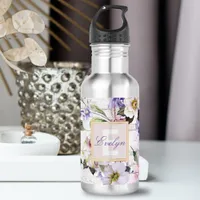 Romantic Vintage Retro Flowers on Barn Wood  Stainless Steel Water Bottle