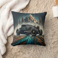 Vintage Car in Mountain Landscape Throw Pillow