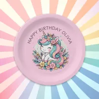 Personalized Pink Unicorn Girl's Birthday Paper Plates