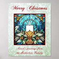 Stained Glass Christmas Candle Holly Green Glitter Poster