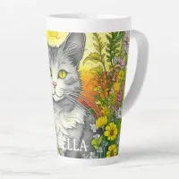 Personalized Whimsical Cat and Flowers Latte Mug