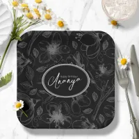 Sketched Floral Outline Pattern Gray/Blk ID939 Paper Plates