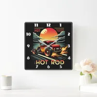 Hot rod racing at sunset square wall clock