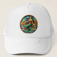 Captivating Mermaid Sitting on a Rock Under a Moon Trucker Hat