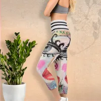 Colorful Abstract Neon Pink Black White Grunge Art Capri Leggings