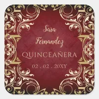 Rustic Red Gold Elegant Quinceanera Square Sticker