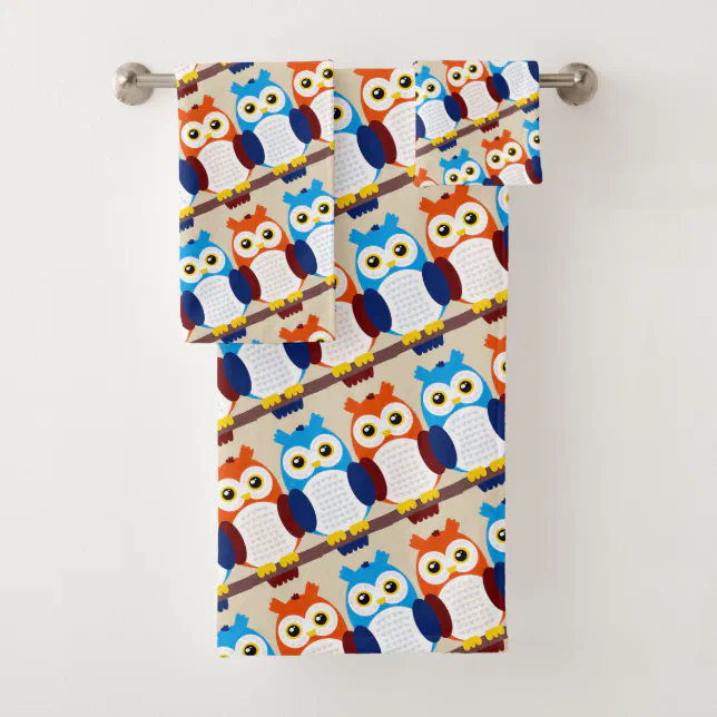 Cute Brown and Blue Owls on Branches Bath Towel Set