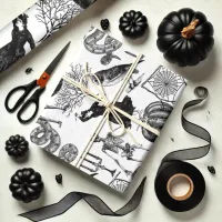 Vintage Black & White Halloween Line Art Wrapping Paper Sheets