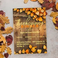 Yellow Autumn Leaves on Barn Wood Thanksgiving Invitation