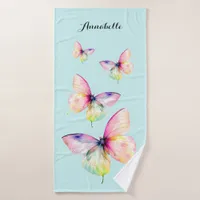 Delicate Pink Butterfly in Pastel Rainbow Colors Bath Towel Set