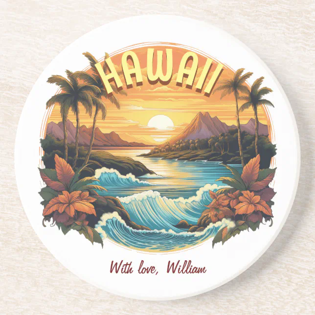 Vintage Art Sunset at Hawaii Beach Mountains Coaster