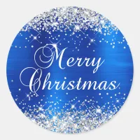 Glittery Silver and Royal Blue Merry Christmas Classic Round Sticker