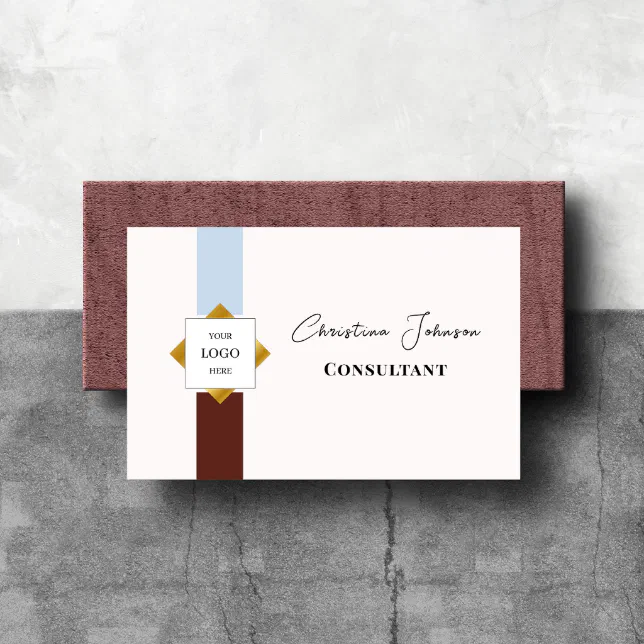 Trendy Brown Stripes Gold Logo Business Card