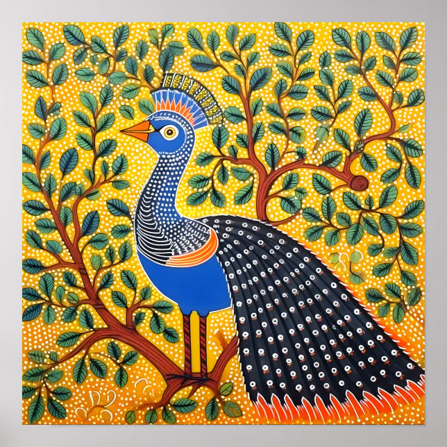 Indian Gond Art Peacock Yellow | Art of India Poster