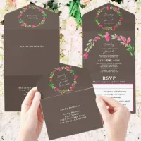 Pink Floral Greenery Dusty Brown Elegant Wed RSVP All In One Invitation