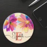 Chic colorful watercolor Elegant Floral Monogram Wireless Charger