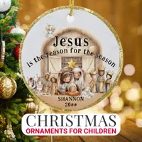 "Jesus is the Reason" Nativity Scene Add Name Year Ceramic Ornament