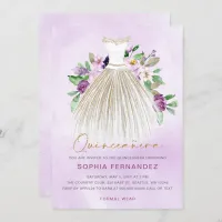 Purple gold glitter Floral Dress Quincea&#241;era Invitation