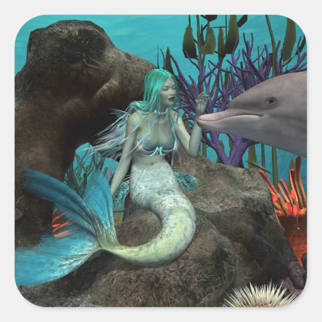 Mermaid and Dolphin Under the Sea Square Sticker