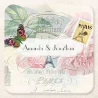 Paris Wedding Vintage Shabby-Chic Pink Rose Custom Square Paper Coaster