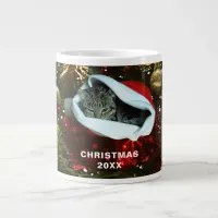 Shorthair Gray Cat Red Santa Hat Christmas 20XX Giant Coffee Mug