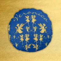 Gold Fairies with Pixie Dust on Blue Monogram | Round Pillow